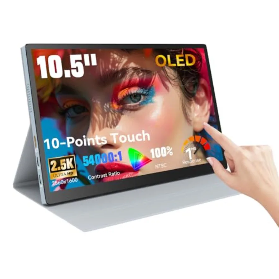 10.5" OLED Touchscreen Portable Monitor 2.5K 2560x1600, 100% NTSC, 54000:1 Contrast, Mini Second Touch Display with Protect Cas