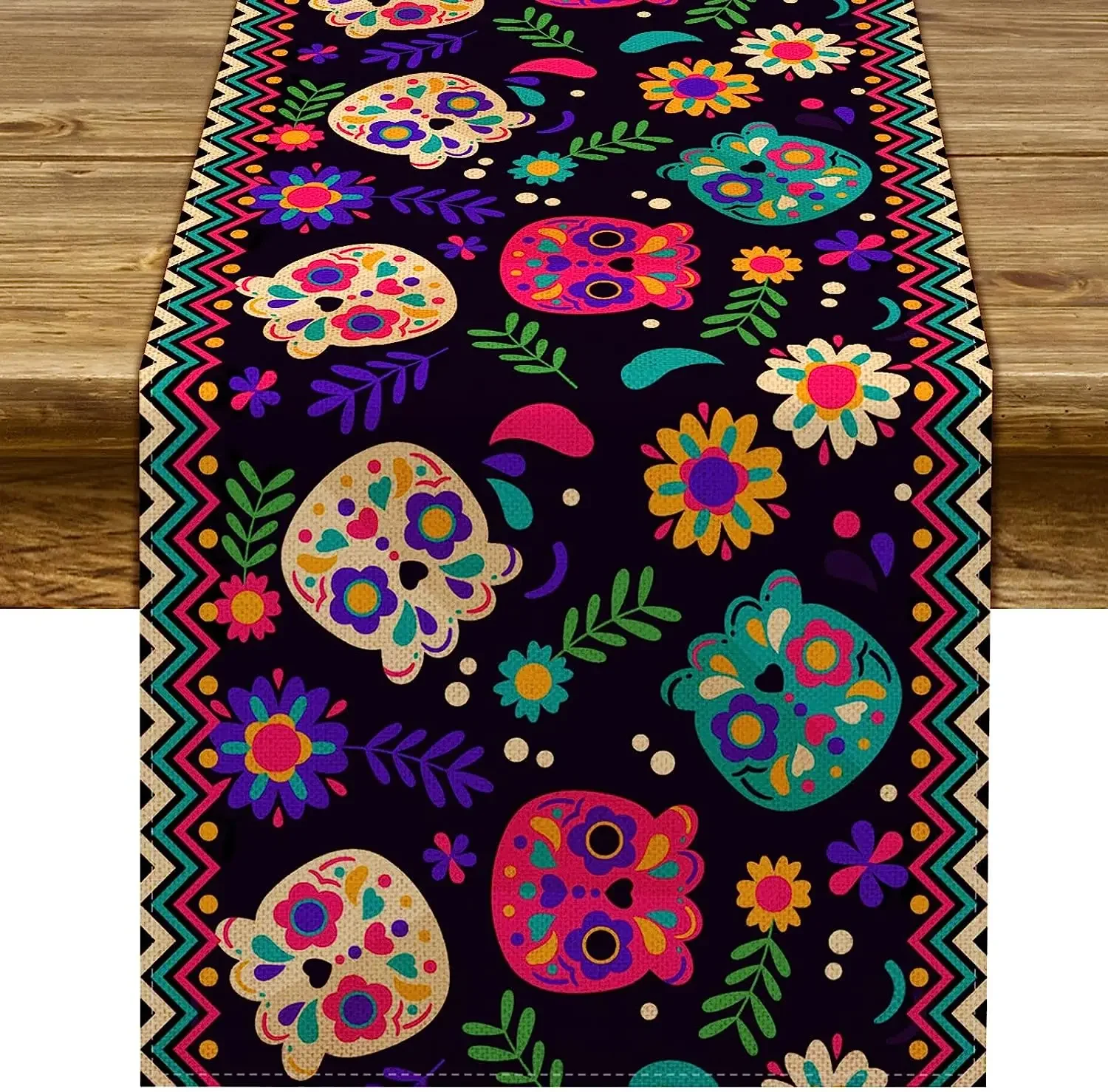 Mexico Day of The Dead Linen Table Runner Halloween Decorations Sugar Skull Dia De Los Muertos Table Runners for Table Decor