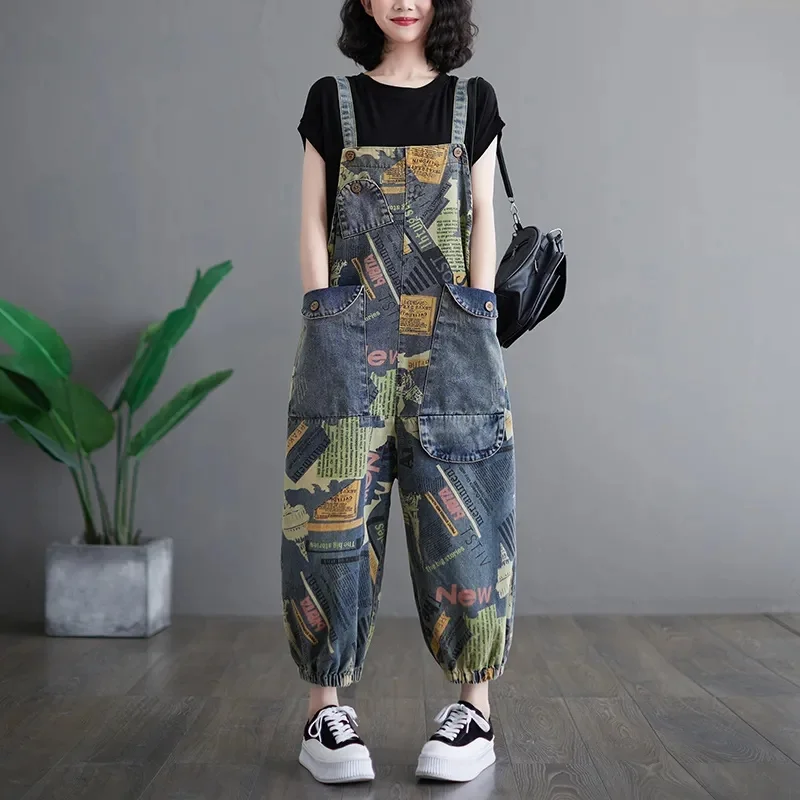 Women's Summer Loose And Retro Denim Strap Pants Printed Large Pockets 2024 Female Korean Fashion Harlan Nine Division Jumpsuit