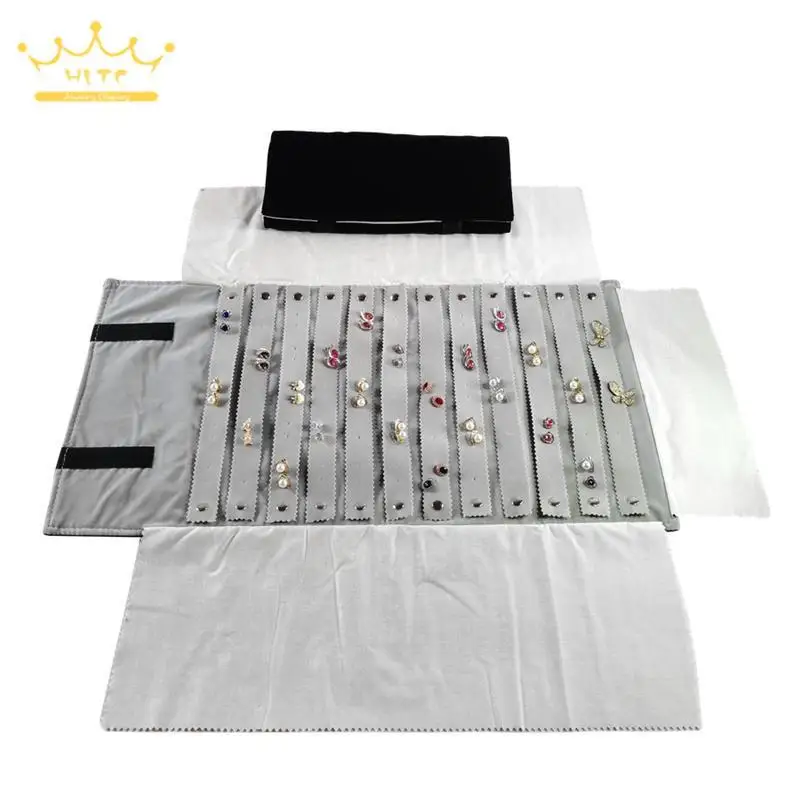 High-Capacity Earring Storage Roll Bag Black Velvet Jewelry Display Storage Bag 60 Pairs Stud Earrings Roll Organizer Cases