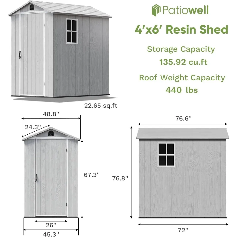 سقيفة تخزين خارجية من الراتنج مقاس 4 × 6 أقدام مع أرضية، سقيفة أدوات بلاستيكية مع نافذة، باب قابل للقفل لتنظيم الفناء الخلفي