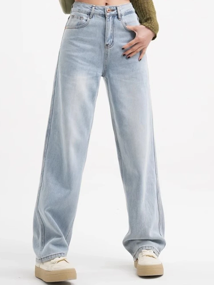 

Female High Waist Loose Denim Straight Leg Trousers Lady Joggers Wide Leg Pants Light Blue Chinese Style Luxury Streetwear Jeans