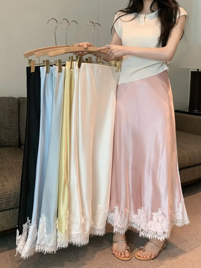 

French Elegant Satin Mermaid Skirt Women Spring Summer Lace Patchwork Pack Hip Long A-line Skirts Office Ladies Faldas