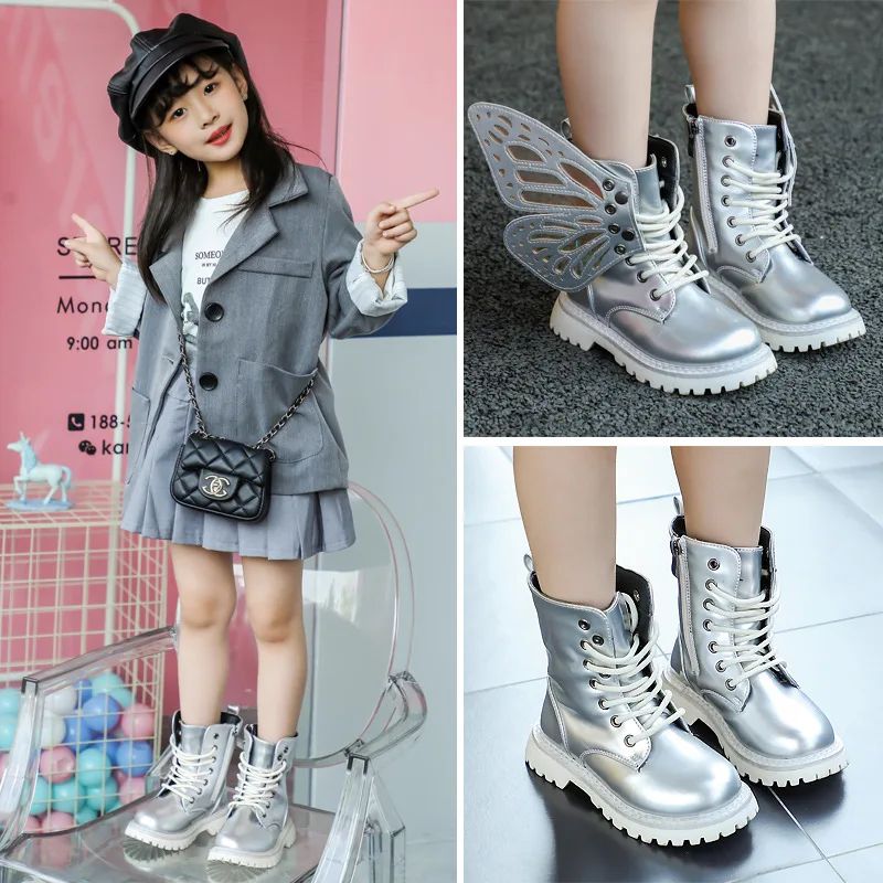 2024 Kids Boot for Girls Wings Fashion Colorful Short Boots Girls Silver Princess Shoe Winter Shoe for Girl Botines Para Mujeres