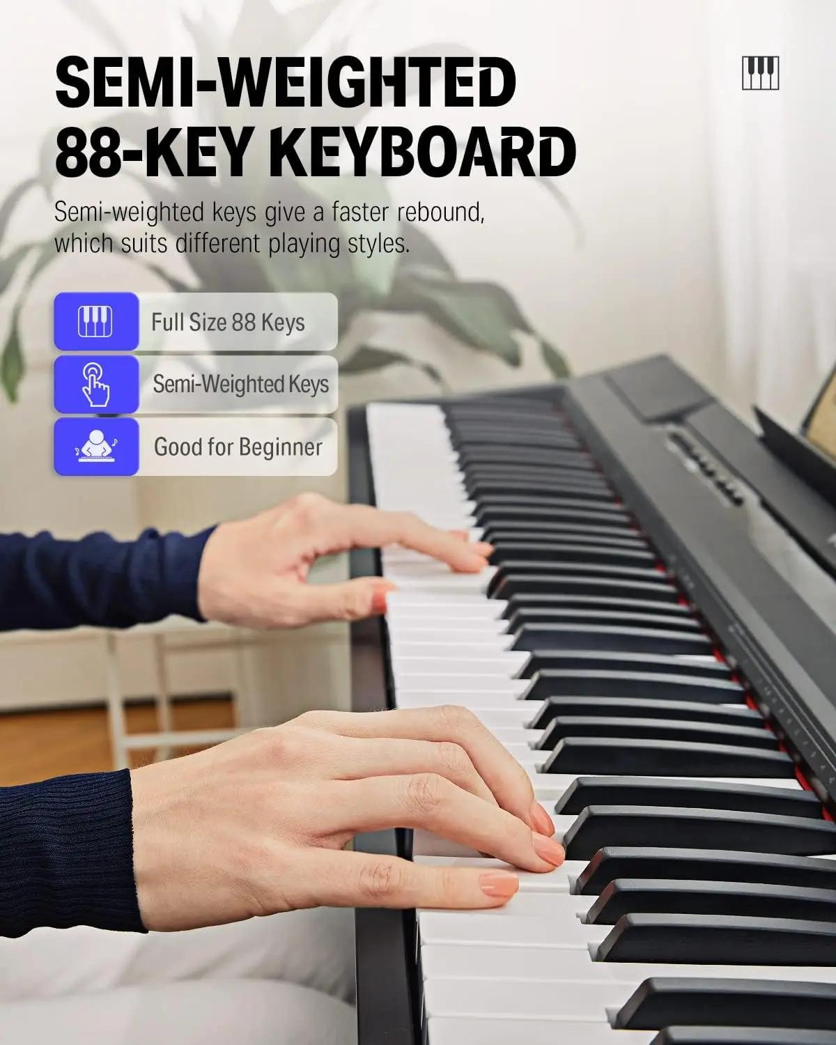 10 Digital Piano 88 Key Semi-Weighted, Full-Size Electric Piano Portable Keyboard for Beginners, with Furniture Stand