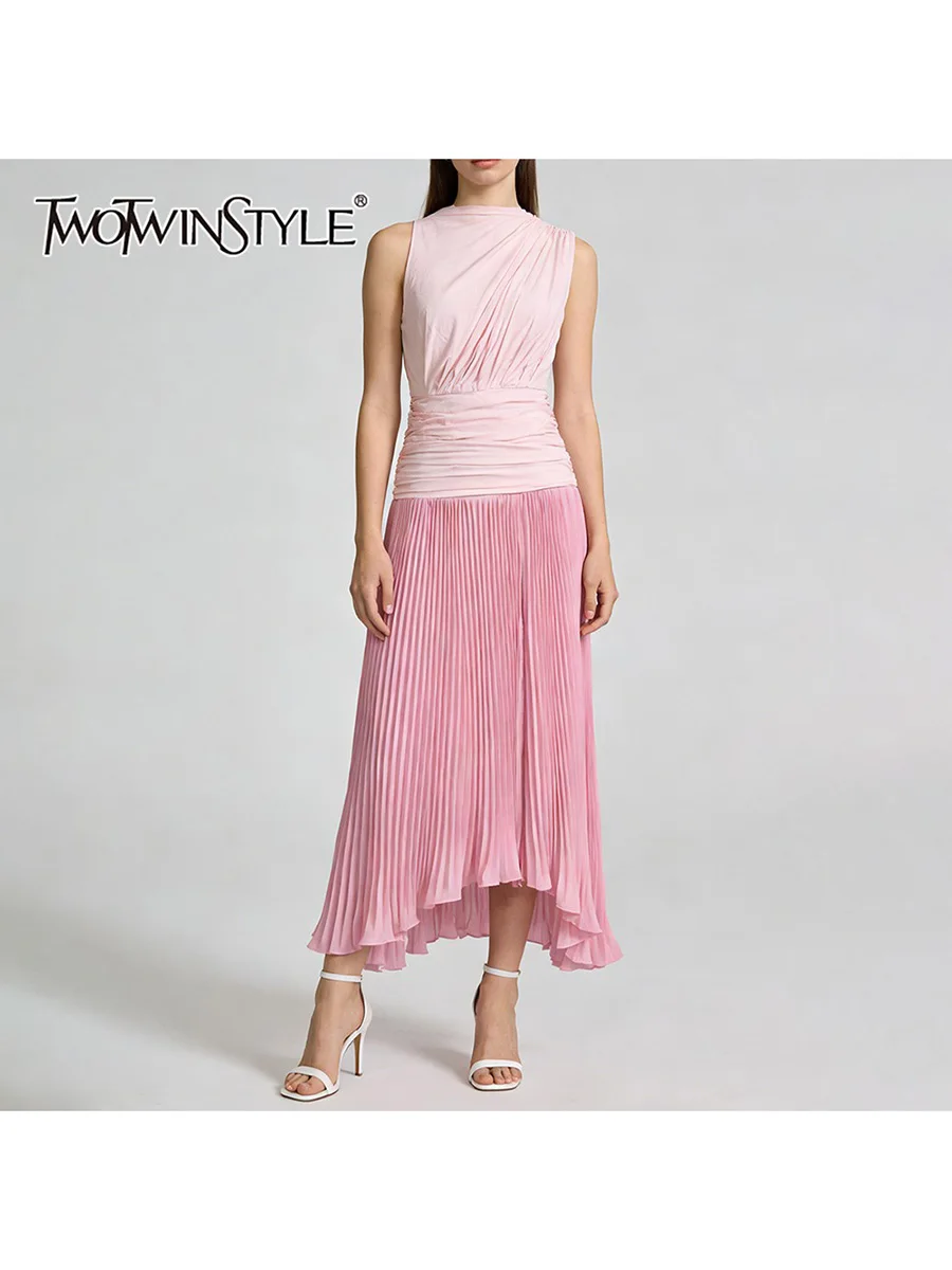 TWOTWINSTYLE, vestidos irregulares con pliegues empalmados de colores para mujer, cuello redondo, sin mangas, cintura alta, vestido largo informal para mujer, nuevo