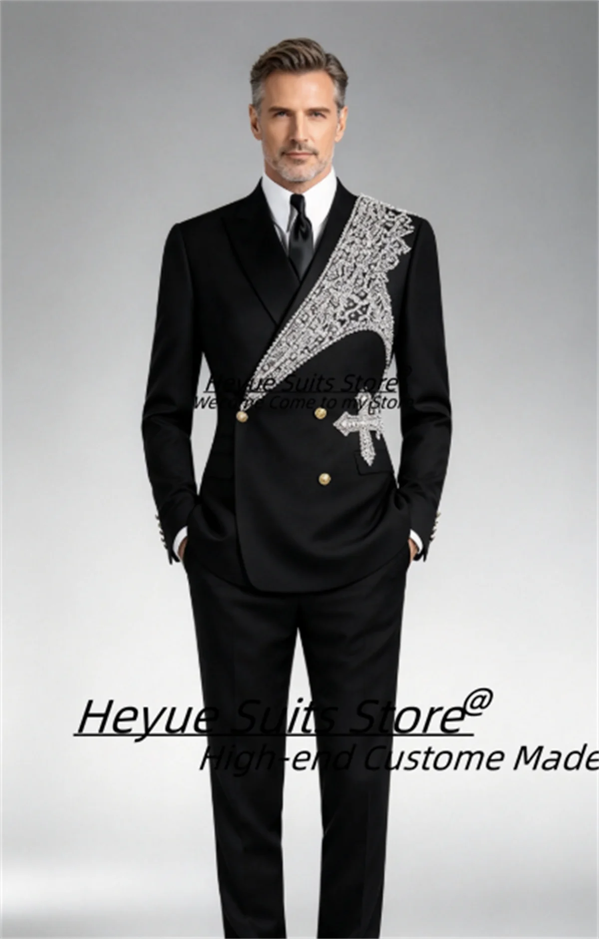 Elegant Black Double Breasted Men Suits Customized Silver Rhinestone Embroidery Groom Wedding Tuxedos 2 Pieces Sets Ropa Hombre