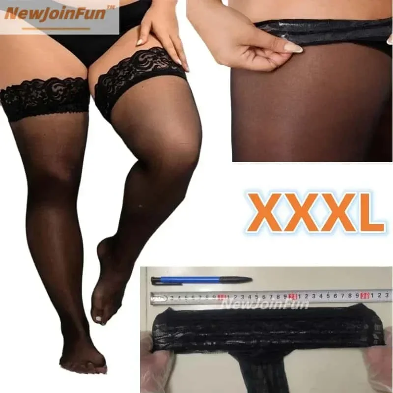 FREEAUCE Women Plus Large Size Lace Stockings Oversized Black Over Knee Stocking XXXL Thigh High Sheer Fishnet White Long Socks