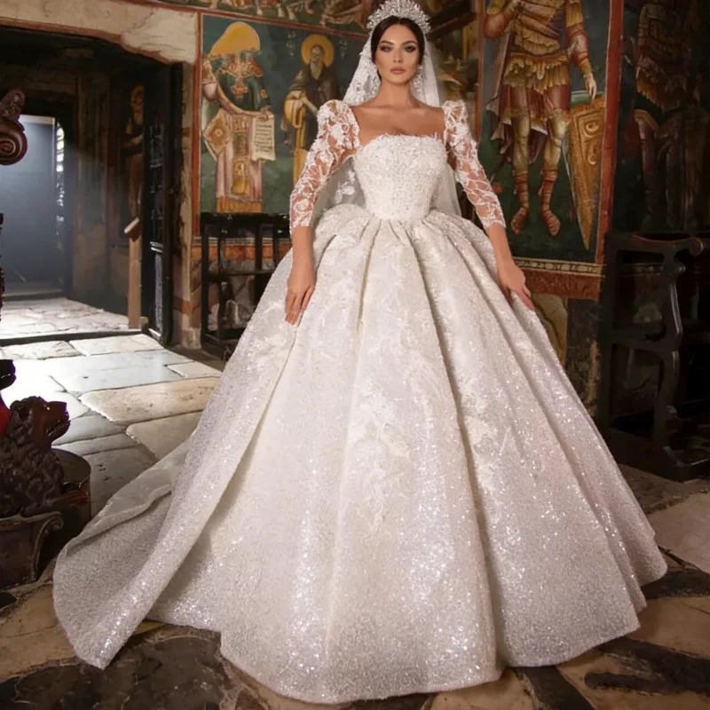 Ball Gown Princess Wedding Dress Applqiues Sequins Long Sleeves Backless Lace Ruffles Bridal Gowns Vestido de novia Customzied
