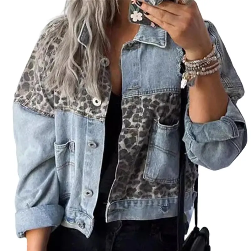ABAH-Womens Button Down Distressed Leopard Denim Jean Jacket Washed Long Sleeve Ripped Cheetah Jean Coat