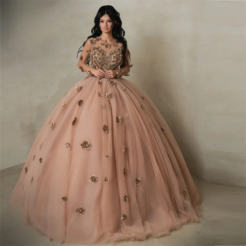 Customized Saudi Arabia Prom Dress Formal Sheer Straps A-line Floor Length 3D Rose Flower Tulle Bespoke Occasion Dresses Evening