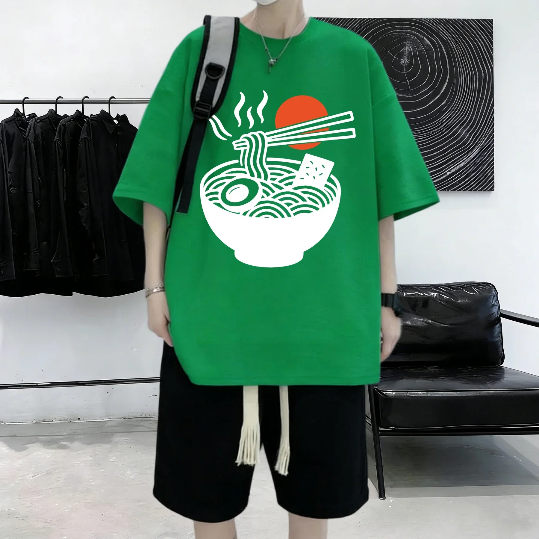 Steaming Lamian Noodles Printed Men Cotton Daily Summer Streetwear Casual Commute Breathable T-Shirt Korean Soft Short Sleeve