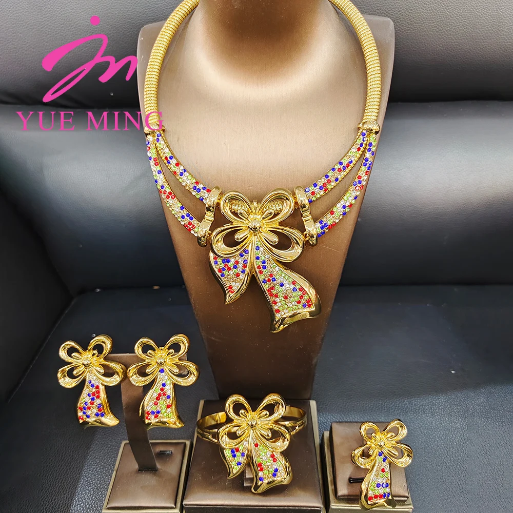 Women's Necklace Jewelry Set Gold Plated Original Colored Zircon Earrings Bow Shape Bangles Ring Jewellery Wedding Banquet Gifts