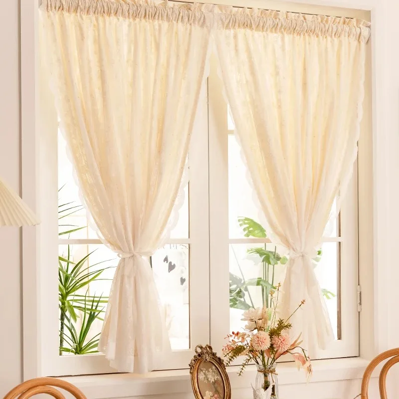 French Double Layer Cloth Yarn Integrated Pastoral Lace Curtains for Living Room Small Window Gauze Filtering Seamless Design
