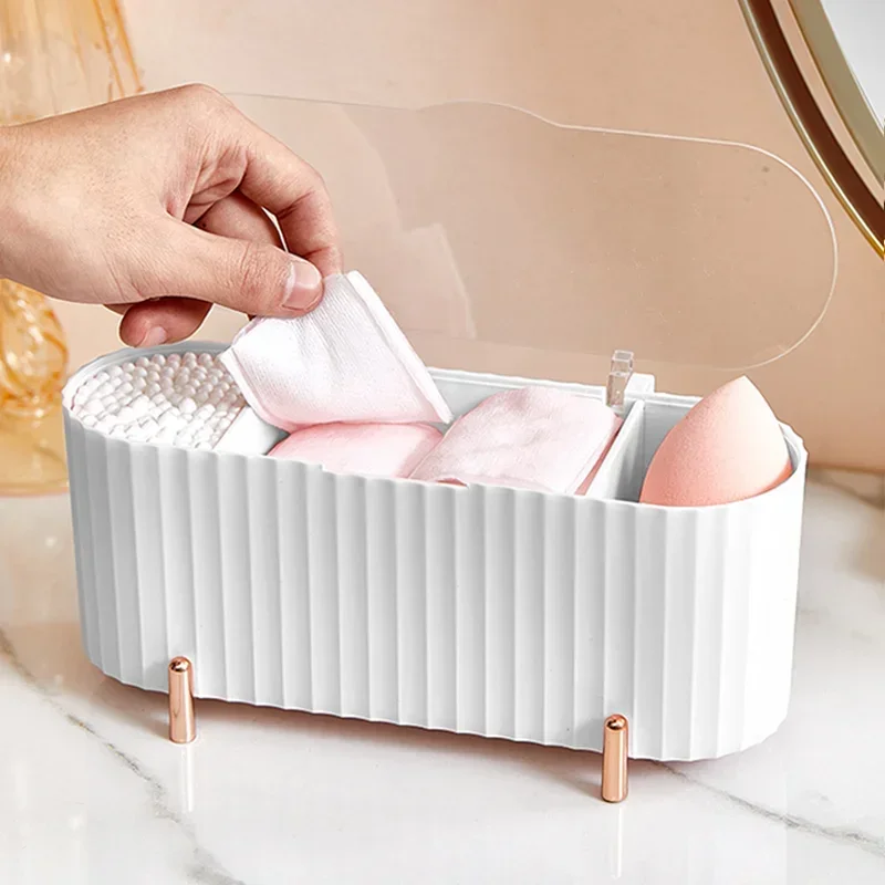 New Nordic Desktop Makeup Storage Box Organizer for Cosmetics Tray with Lid Cotton Pads Swabs Makeup Sponge Holder Bathroom Desk