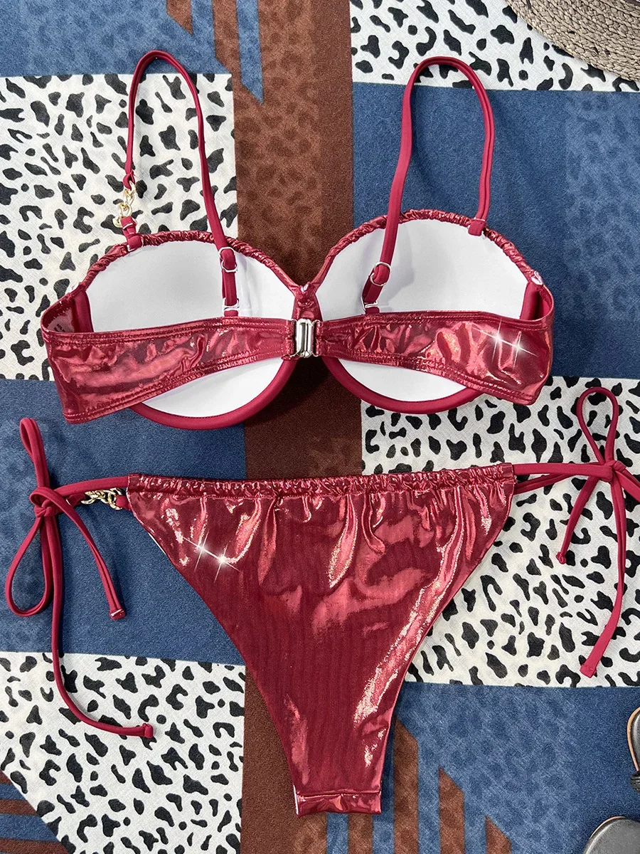 Shiny PU Leather Underwired Bra Cup Bikini Women Swimwear Female Swimsuit Two-pieces Bikini Set Push Up Bathing Suit Swim Lady