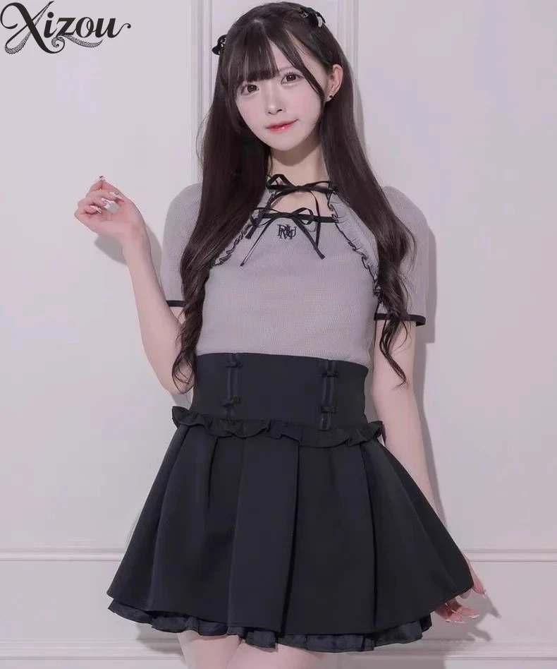 

2025 Japanese Women High Waist Skirt Sweet Lolita Bow Multi-layer Party Black Solid Color A-line Slim Fit Pleated(No Label)