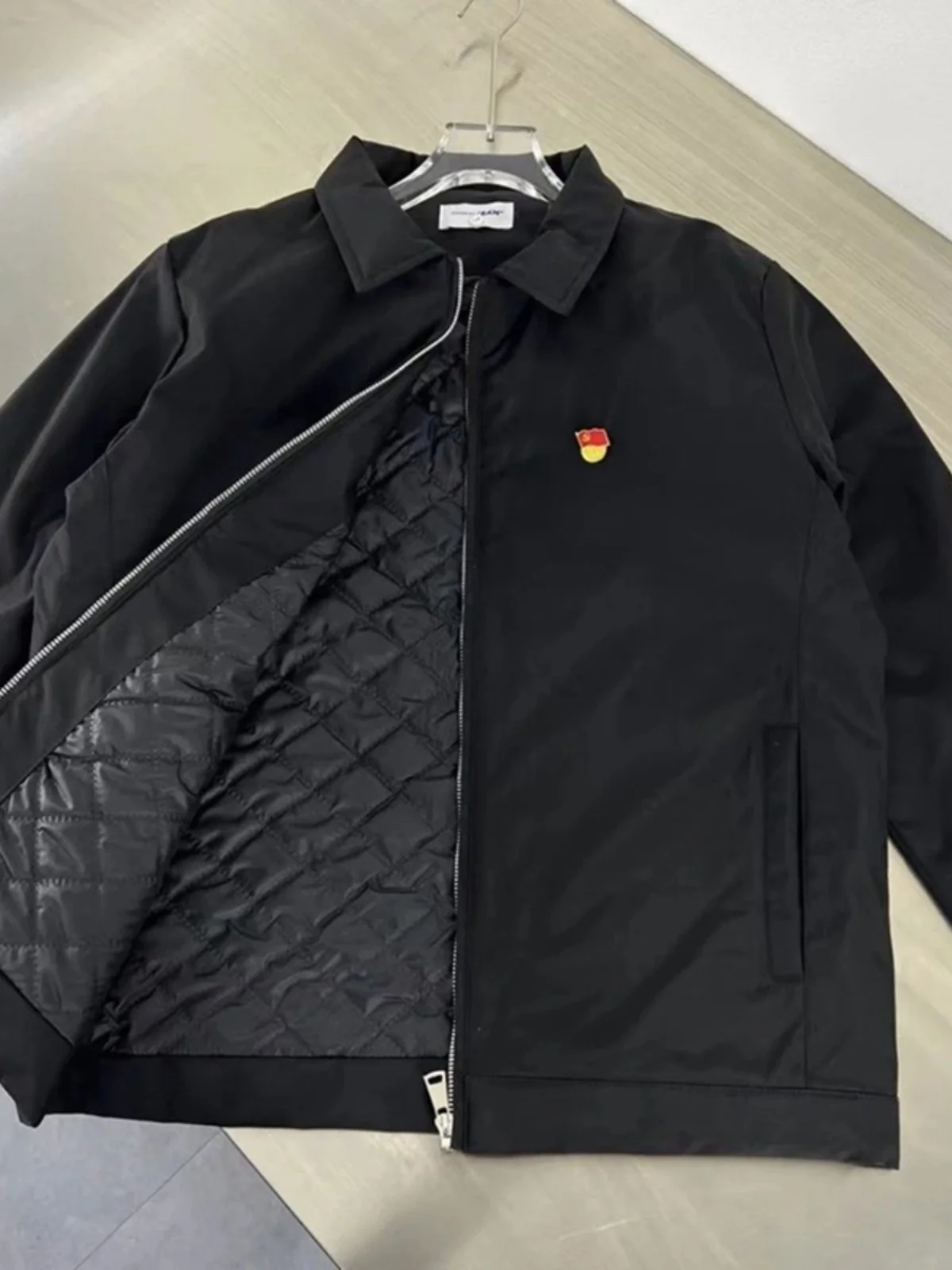 

Bla Busin Coat Men's Autumn Winter Thin Cotton Liner Diamond Pattern Liner Zipper Closure Long Sve Straight Hem Jaet