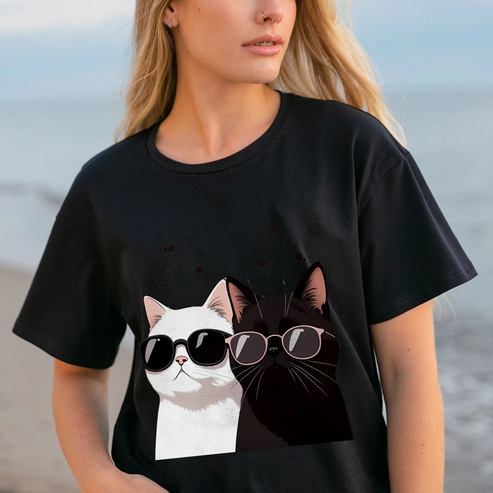 

Стильная футболка с изображением кошек и солнцезащитных очков Y2k, крутая очаровательная мягкая ткань для модных повседневных видов