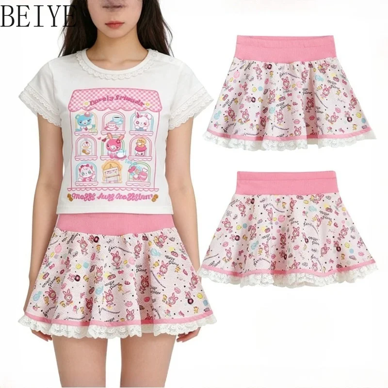 Toddler Girls Japanese Style Cartoon Pattern Skirt Elastic High Waist White Lace Ruffle Hem Sweet Princess Summer Short Skirt