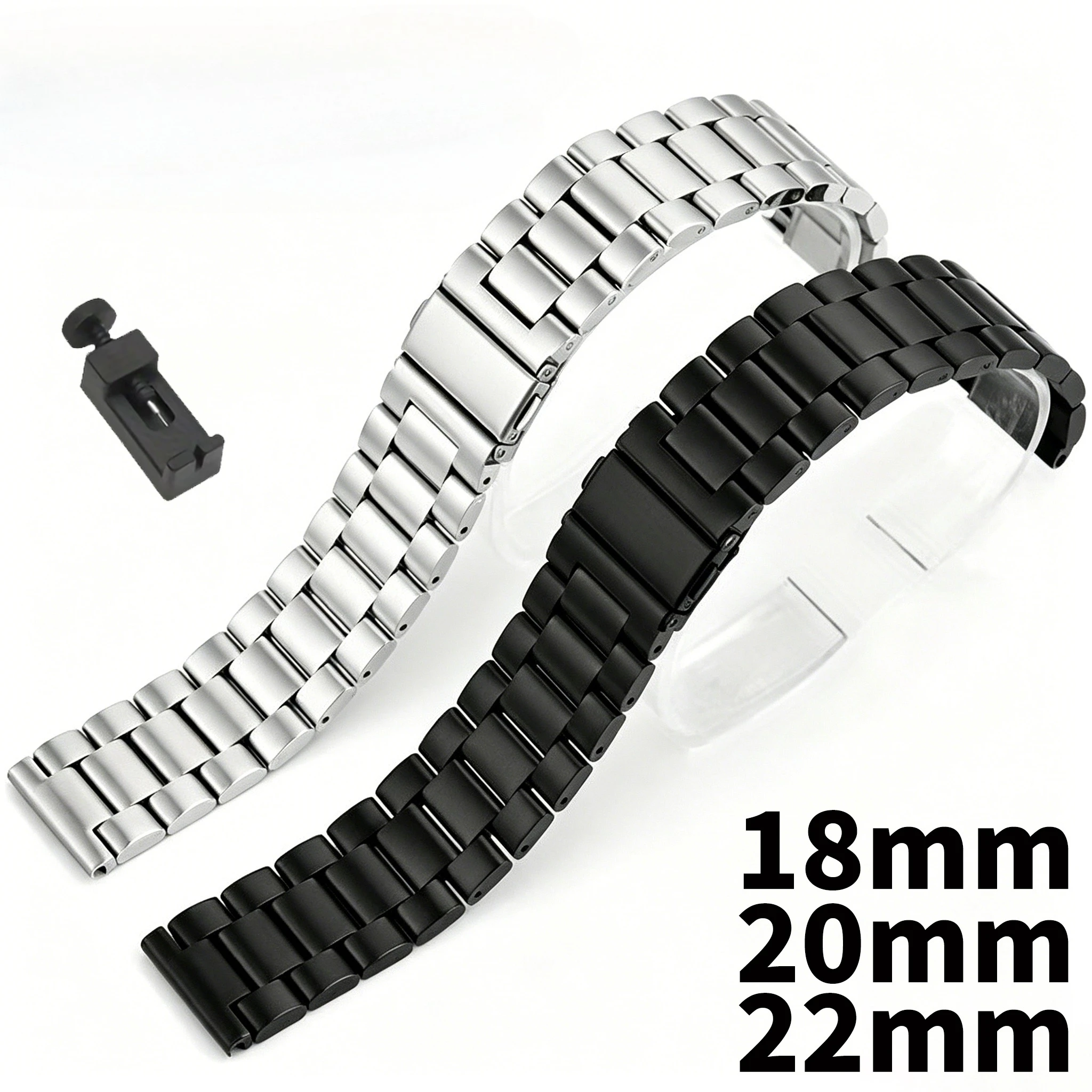 18mm 20mm 22mm Stainless Steel Watch Band Men Women Watchbands Metal Strap Wrist Bracelet Three-bead Universal Size with Tool