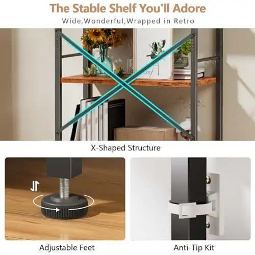 5 Tier Book Shelf Set of 2, Tall Wide Bookshelf, Rustic Brown | 20'' Wide Industrial Storage Shelves with X Crossbar image 5