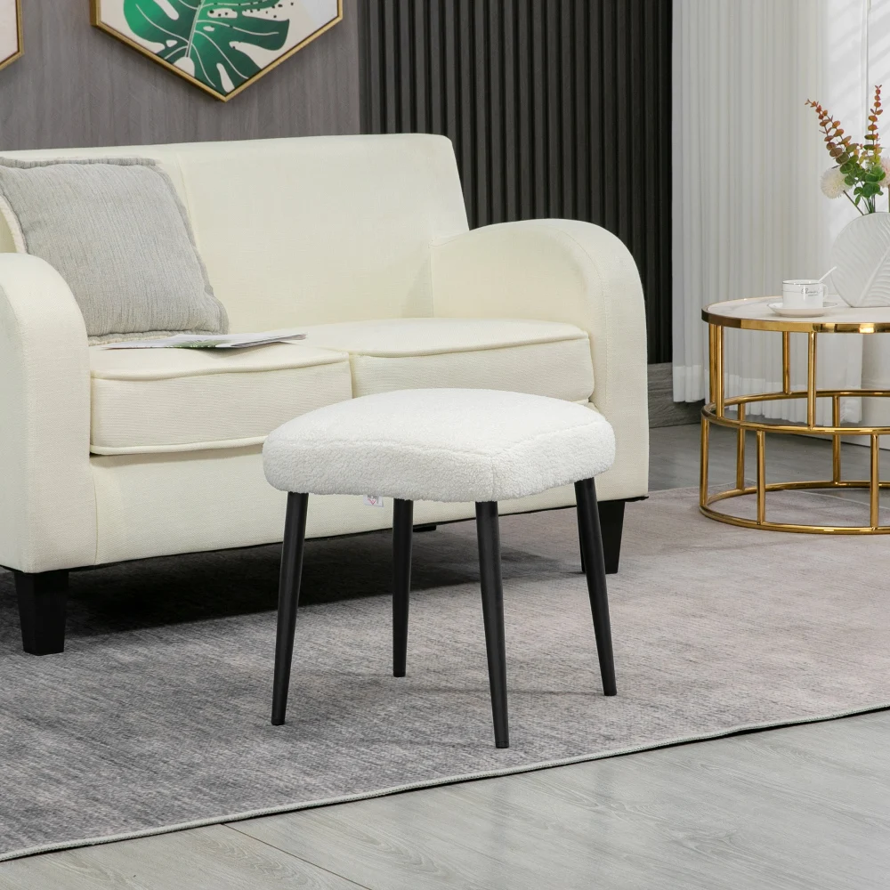 Tabouret de vanité en tissu Teddy aspect cachemire crème 42x42x47cm, pieds en acier thermolaqué, ottoman rembourré doux, repose-pieds, siège pour changer de chaussures, charge maximale 120kg, tabouret polyvalent pour chambre et salon, décoration, montage facile