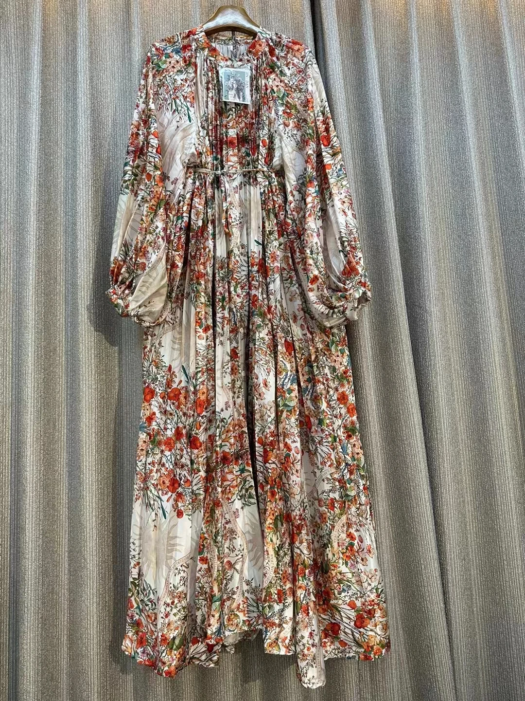 

New Women Summer Dress Lantern Long Sleeve round Neck Lace-up Waist Single Breasted Printed Elegant Maxi Vintage Dresses 2024