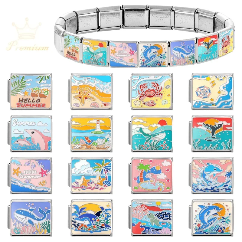 Hapilife Blue Series Starfish Beach Turtle Charms Italian Links Fit 9mm Stainless Steel Bracelet Jewelry DIY Make for Women Men