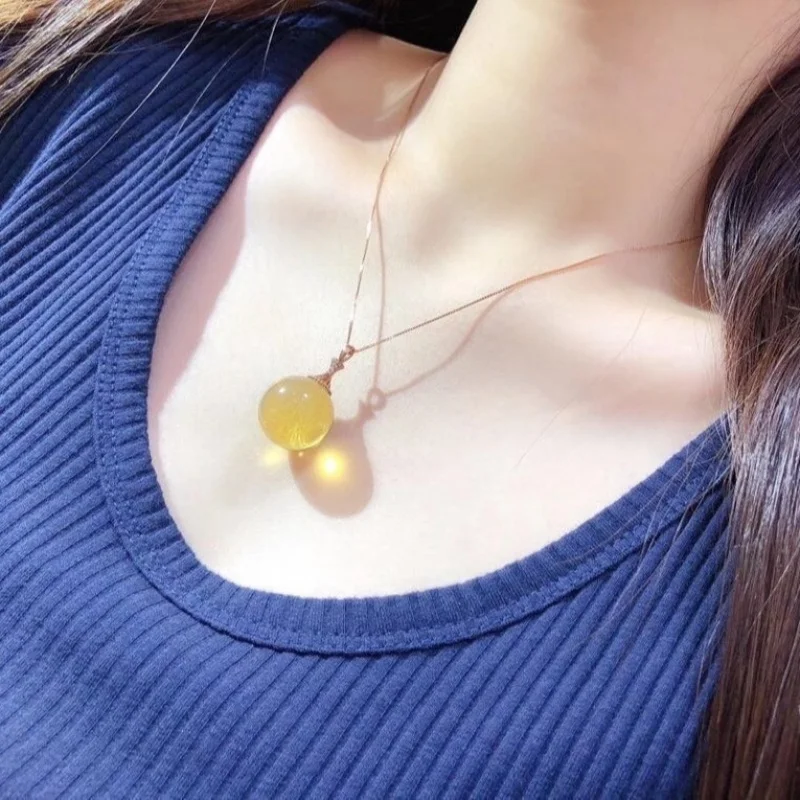 18mm Mexican Blue Amber Inlaid 18K Rose Gold Pendant Autumn Winter Sweater Chain