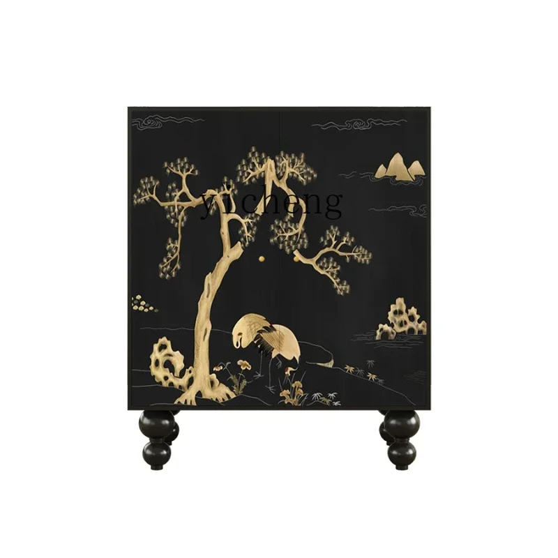 TQH new Chinese style home solid wood shoe cabinet, crane retro living room storage and decoration cabinet