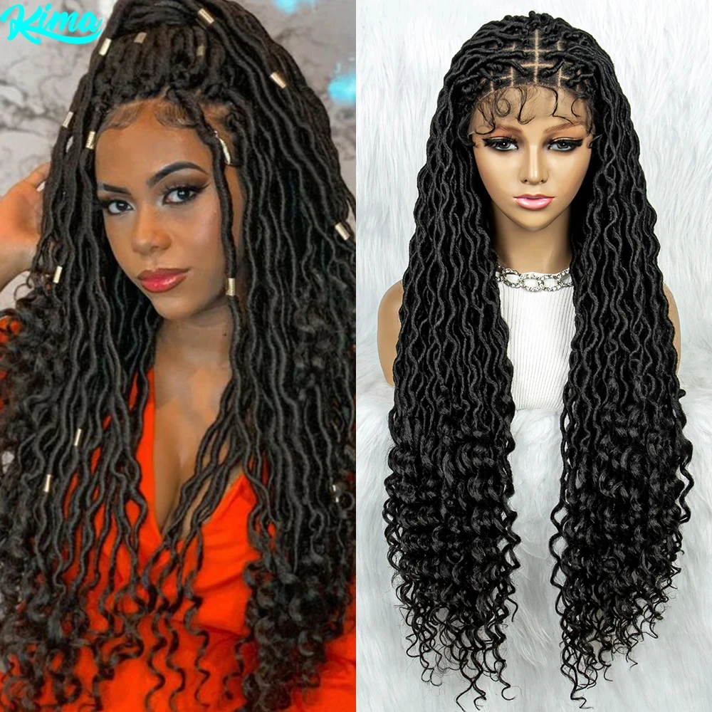 Cornrow Synthetische Gevlochten Pruiken 9*6 Lace Front Pruik Vierkante Knooploze Doos Gevlochten Dreadlock Pruik Met Krullend Uiteinde Voor Afrikaanse Vrouwen