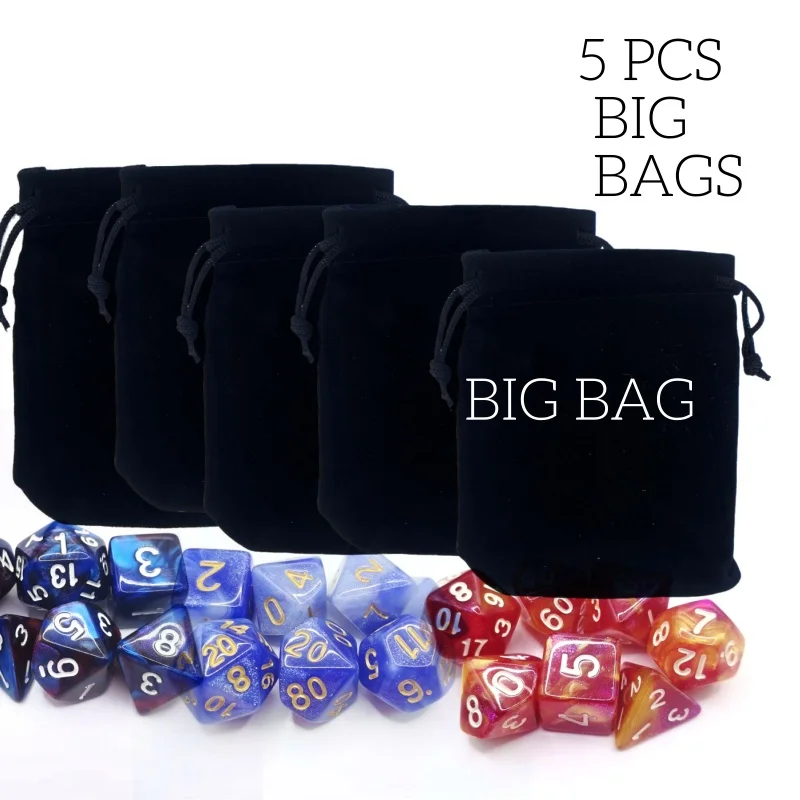 5-teilige Würfeltasche aus Flanell, klein, groß, schwarz, mit Kordelzug, zum Sammeln von DND-Würfeln