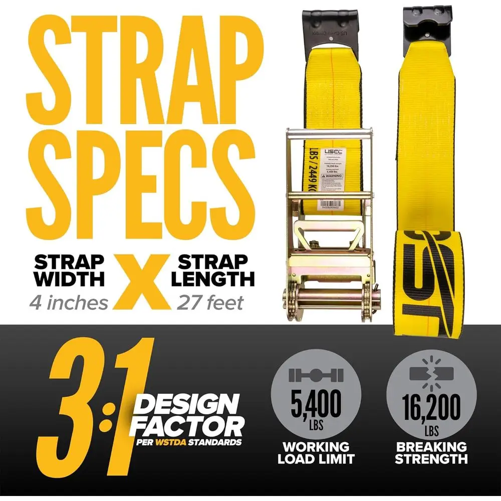 4-Pack 4 x 27' Yellow Ratchet Straps with Black Hooks, 5,400 lbs WLL, Ideal for Trailers and Hauling