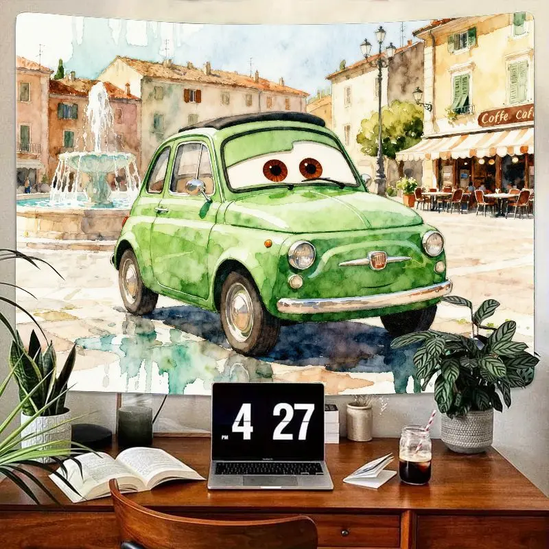 

1PC Cars Movie Luigi Green Car Watercolor Tapestry, Italian Village Wall Art, Modern Room Decor for Kids & Fans