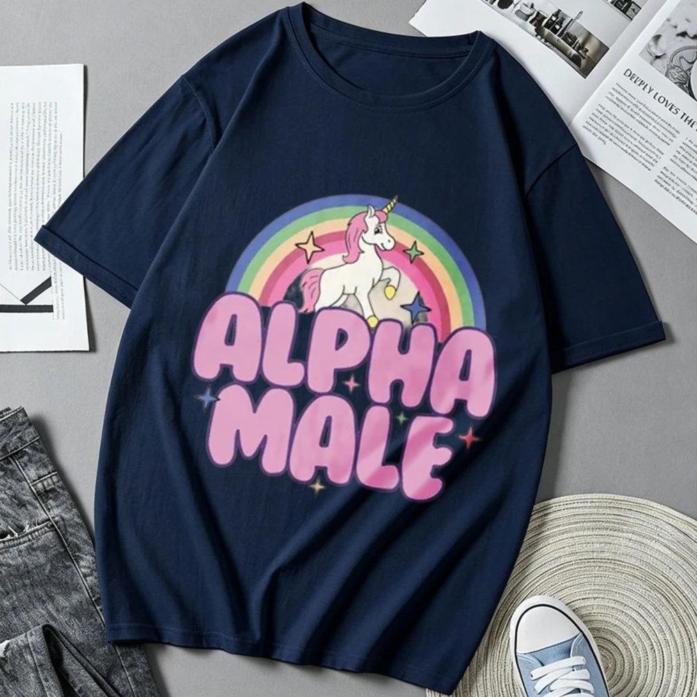 Alpha Male Unicorn Rainbow Funny Meme Graphic Print Short Sleeve O‑Neck Casual T‑Shirt Humor Retro Kawaii Streetwear Top for Men
