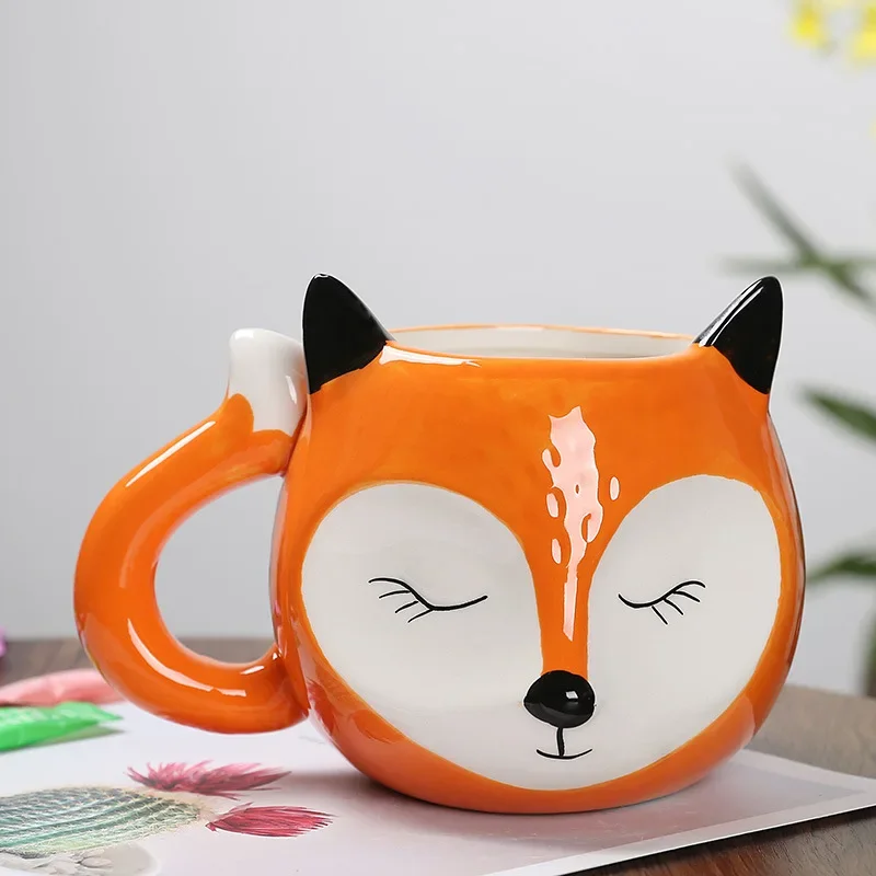 Cartoon Fox Shaped Ceramic Mug Cute Hand Drawn Coffee Milk Tea Water Cup Funny Children Breakfast Cup Household Drinkware