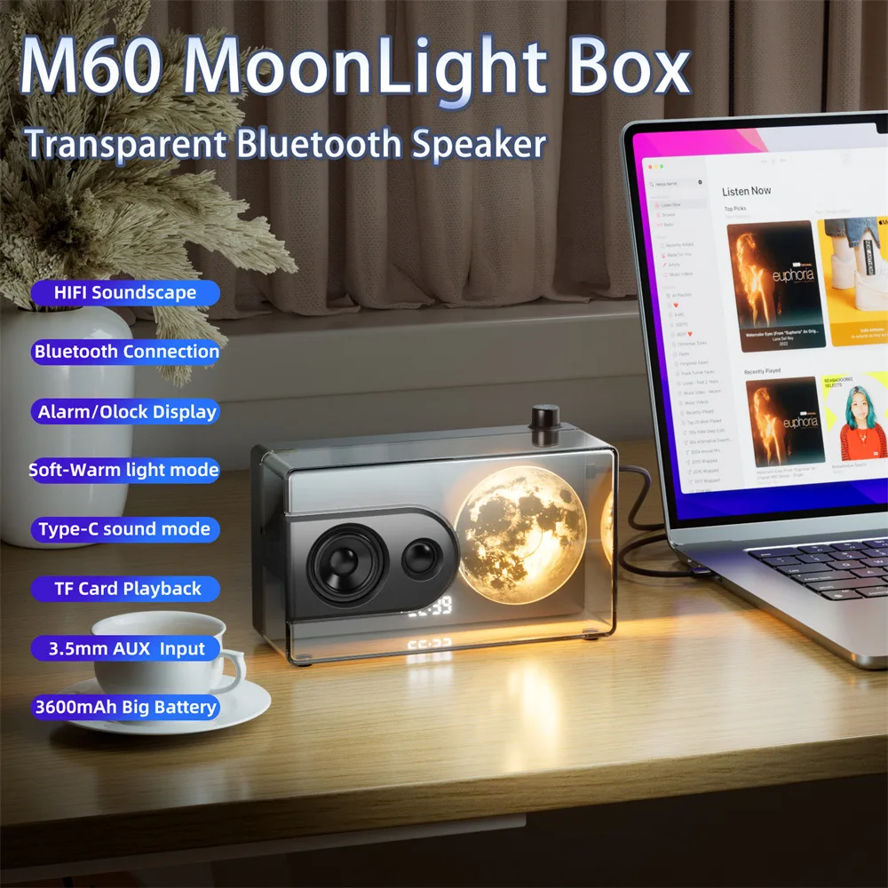 Stereo Sound Box European-style Transparent Moon light Music Box HIFI Wireless Bluetooth Speaker with TF Card Playback AUX Input