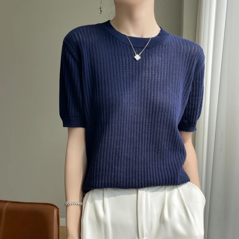 

Women’s Hollow Knit T-shirt All Cotton O-neck Tee Summer New Short Sleeve Knitwear Loose Casual Retro Solid Style Ladies Clothes