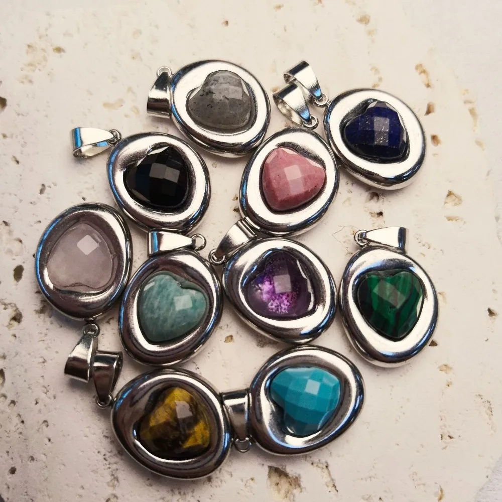 

6 шт./лот, подвески-сердечки из натурального камня с гранями, из нержавеющей стали, для изготовления ювелирных изделий, ожерелий, серег своими руками