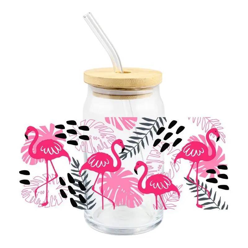 Cartoon Flamingo UV DTF Wrap Transfer Stickers Cute Prink Design DTF Wrap For Glasses Cups Mugs Wateproof Decal