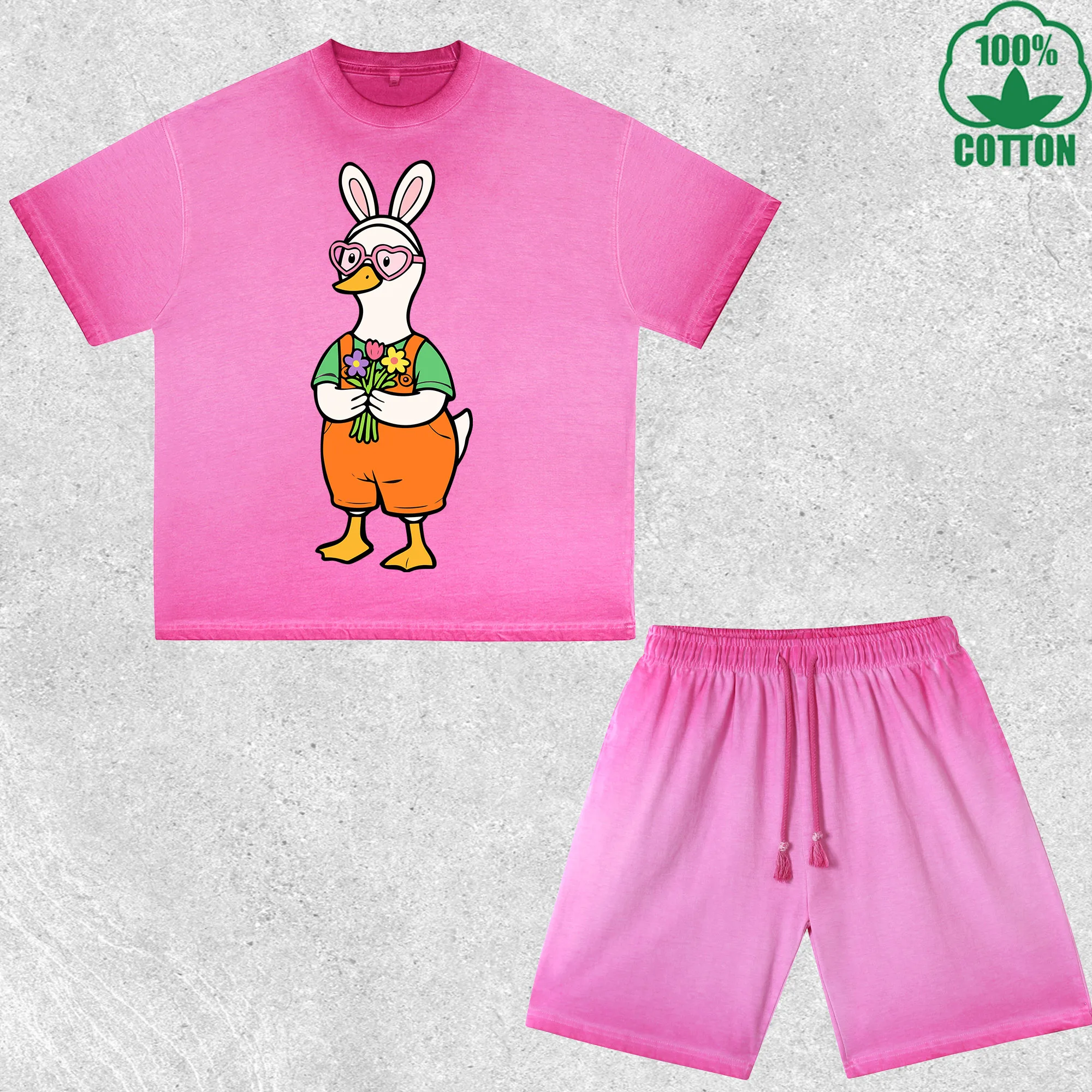 

Easter Silly Goose Printed Dirty Wash T-Shirt Shorts Set Multicolor Combo Loose Trendy Fashionable 100%Cotton Short Value Pack