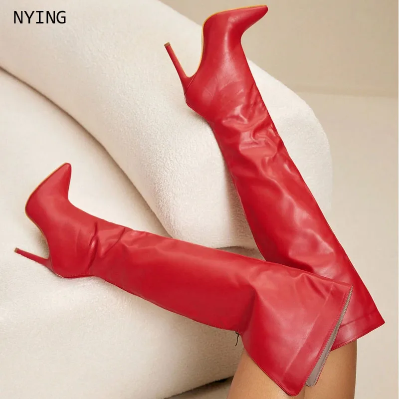

2025 High Heels Red Women Over The Knee Boots With Back Zip Pointed Toe Big Size 44 Stiletto Thigh High Boots Lady Shoes 44
