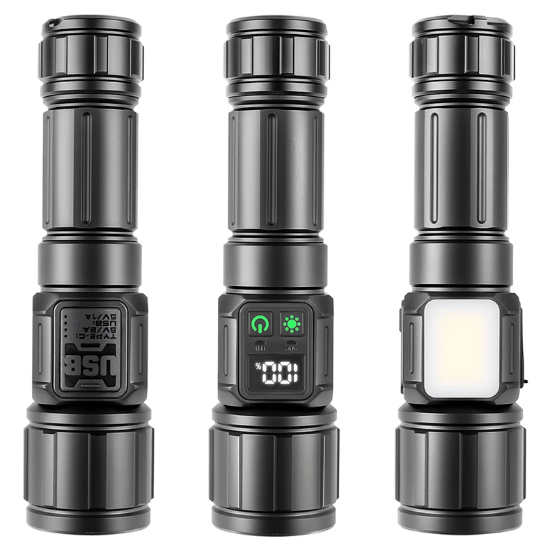 18650 26650 Battery Flashlight, Type-C USB Rechargeable, Super Bright Long Range White Laser Digital Battery Display, COB Switch