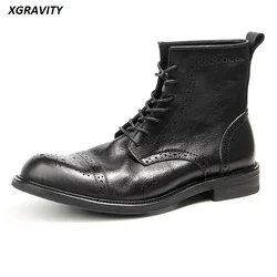 a106 High Quality Male Shoes Lace-Up Men Casual Round Toe Real Leather Boots Fashion Cool Genuine Leather Carved Block Shoes