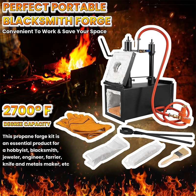 Portable Propane Gas Forge Double Burner 2700°F/1482℃ Large Capacity Square Forging Furnace for Blacksmithing Farrier Knife