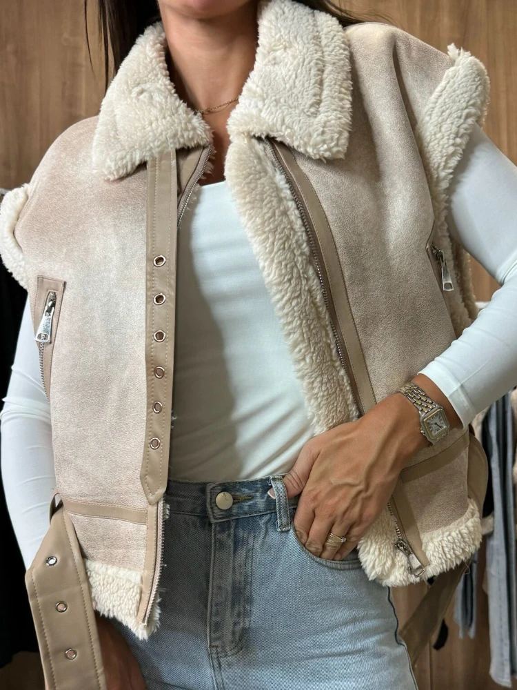 جديد إمرأة شتاء فو سترة من جلد الغزال أكمام سستة حتى الصوف شيربا اصطف سترة موضة بلون ملابس خارجية غير رسمية معطف سترة