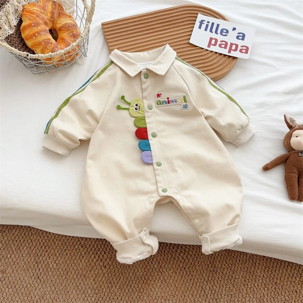 2024 Autumn Baby Clothes 0-2Y Cute Letter Embroidery Boys Rompers Thicken Lining Girls Jumpsuits Toddler Outwear