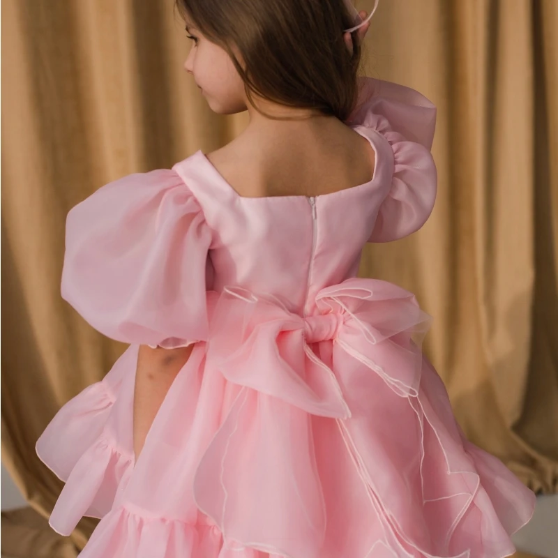 Pink Flower Girl Dresses Satin Solid With Bow Short Sleeve For Wedding Birthday Party First Communion Gowns