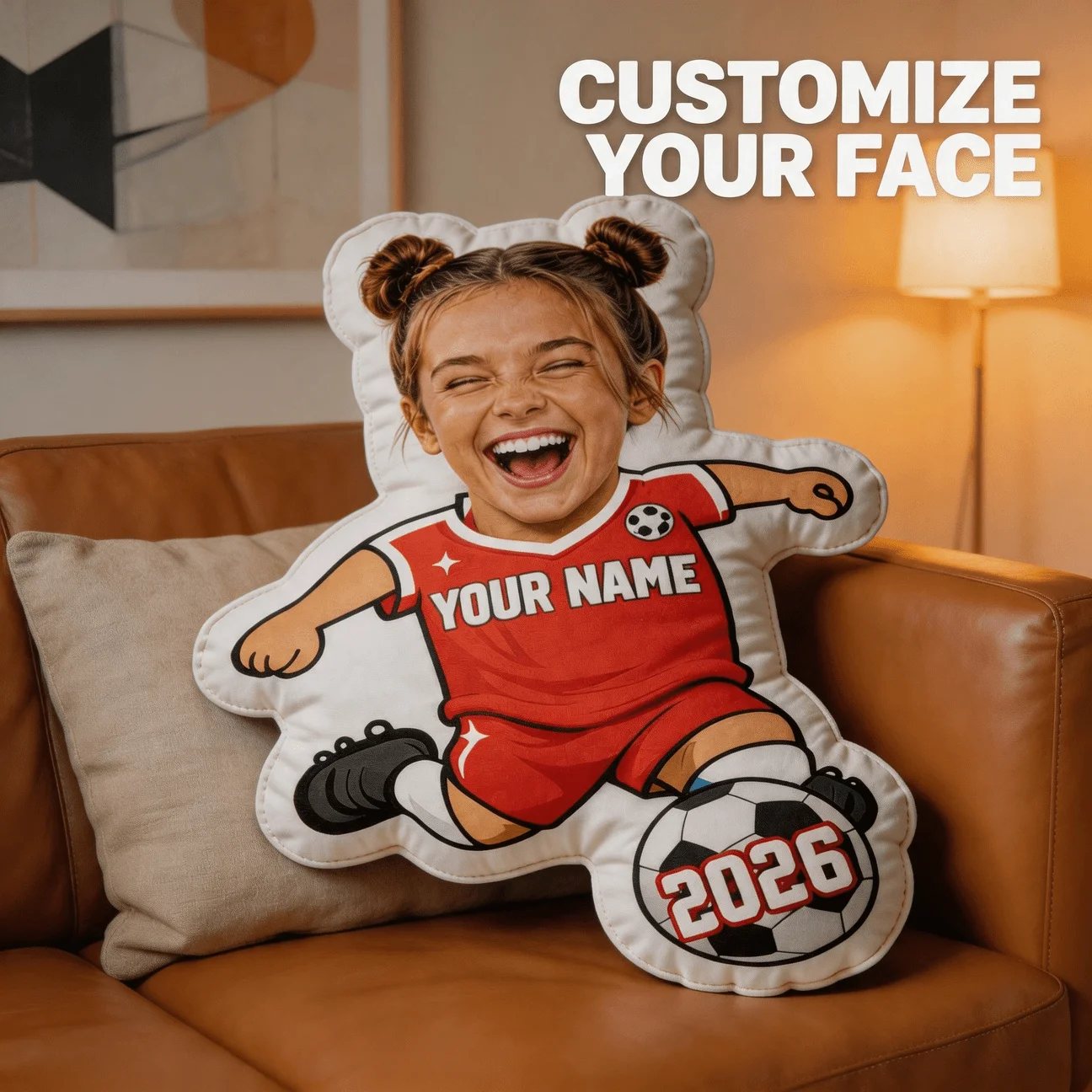 Custom Photo Soccer Player Shaped Pillow, Personalized Face with Red Jersey & Ball Design Decorative Cushion, Unique Home Decor
